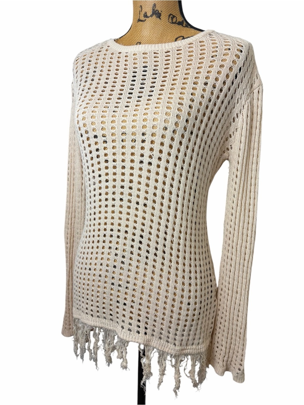 Open Knit Crochet Fringe Beach Cover Up Sweater Boho Resort Coastal Cream - Picture 3 of 5